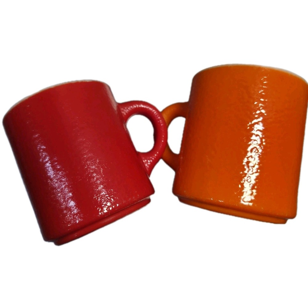 Vintage Hazel Atlas Milk Glass Orange Peel Textured Mugs Orange/Red Set/2